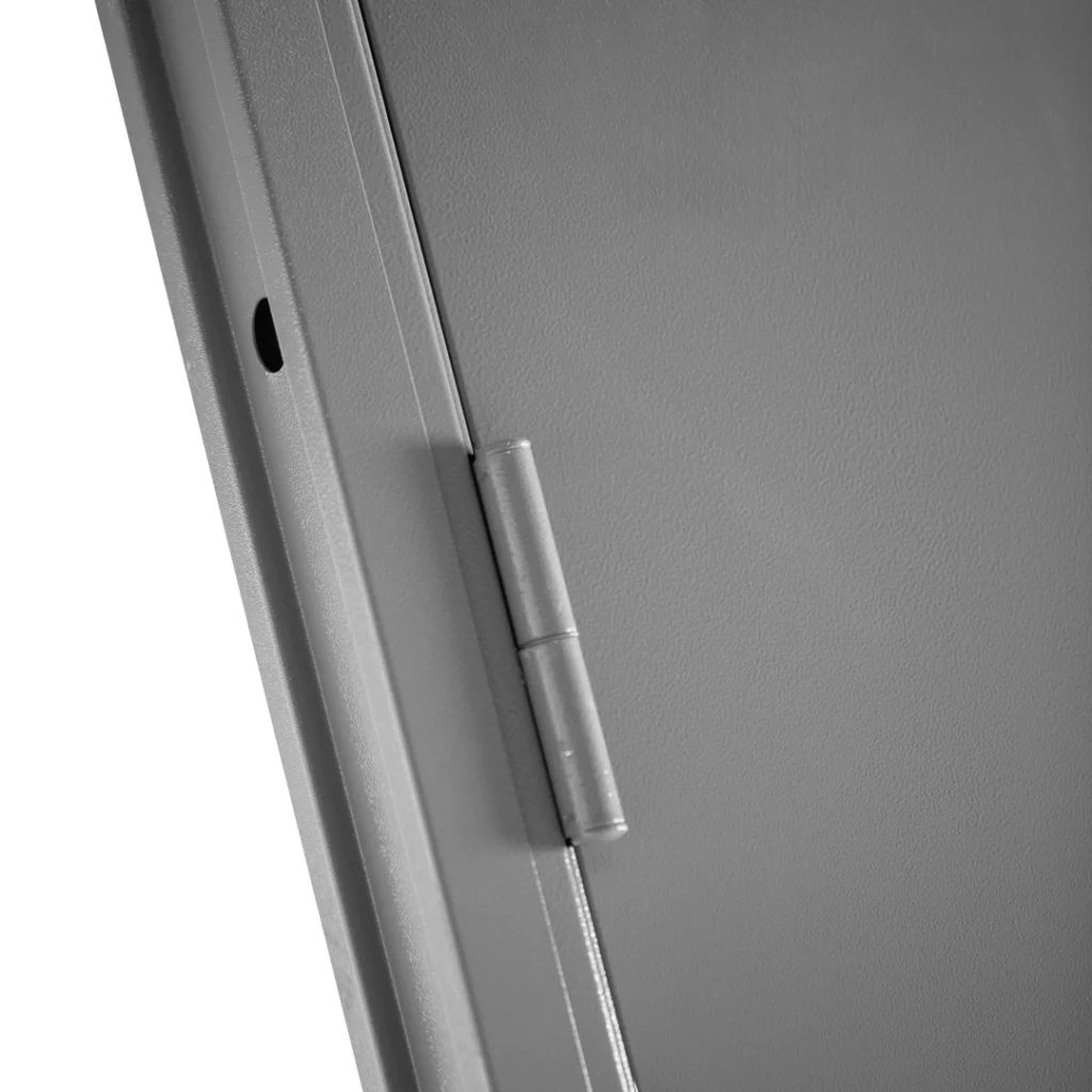 close up of the hinge of a single fire exit door