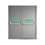 double fire exit door with a panic bar and signage